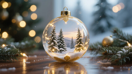A beautifully Christmas ornament rests on a reflective wooden surface, capturing the essence of holiday magic. Christmas, Christmas Tree, Merry Christmas, Christmas Background, Christmas Lights