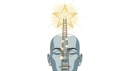 Climbing Ladder to Success: Conceptual Head with Starry Achievement