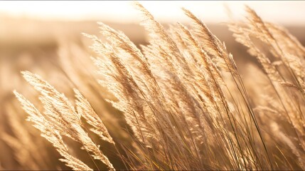 Sunlit meadow with tall swaying grass, capturing golden hour's joyful atmosphere.