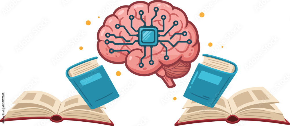 Poster brain with chip above open books representing artificial intelligence and learning concepts