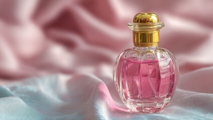 Pink perfume bottle on silk, soft focus background, beauty product, feminine fragrance