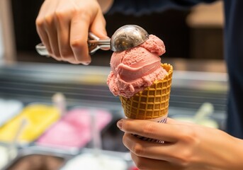 Photo of closeup of a hand holding a metal scoop, adding a scoop of pink strawberry ice cream to a waffle cone at a dessert shop