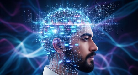 AI Brain Interface: Man with Digital Network Overlay