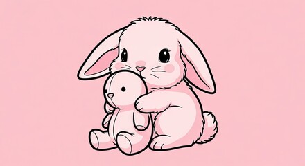 Fototapeta premium Pink bunny hugging a teddy bear on a pink background