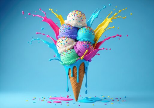 Photo of a vibrant and colorful ice cream cone with multiple scoops and splashes of liquid, set against a bright blue background, creating a playful and delicious dessert