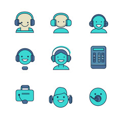 The outline set of headset icons features a modern and flat design in thin lines and vibrant colors on white
