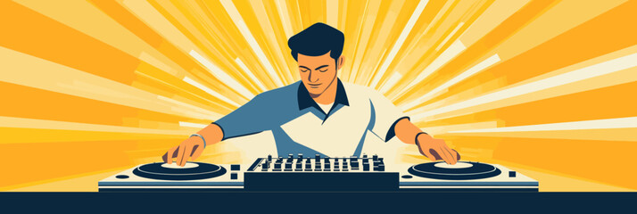 A flat illustration of a dynamic dj performance features vibrant colors and energy as it celebrates disk jockey day on a horizontal banner with copy space, marking International DJ Day, World Music