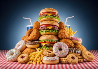 Photo of a large pile of fast food including burgers, fried chicken, french fries, and donuts, suggesting unhealthy eating habits