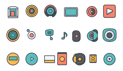 A modern illustration featuring a cinema color icon set and various multimedia devices for audio content, photo, and video, along with a music digital equalizer, gamepad, microphone, headphones,