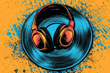 Vibrant colors and sharp geometric lines define the modern design of DJ headphones sitting atop a record in a sleek, flat representation