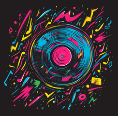 The design of this sticker features a colorful record silhouette in modern style with flat colors, placed against a backdrop of abstract grunge, resulting in a bold and rebellious appearance