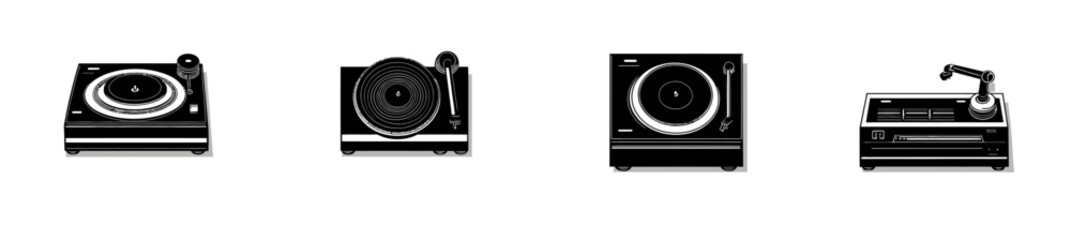 Vinyl player symbols are presented in a color scheme of black and blue on a white background
