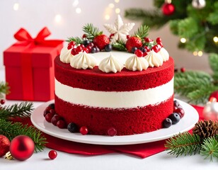 Festive red velvet cake with Christmas decorations