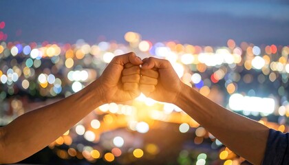 Two fists bumping in city lights