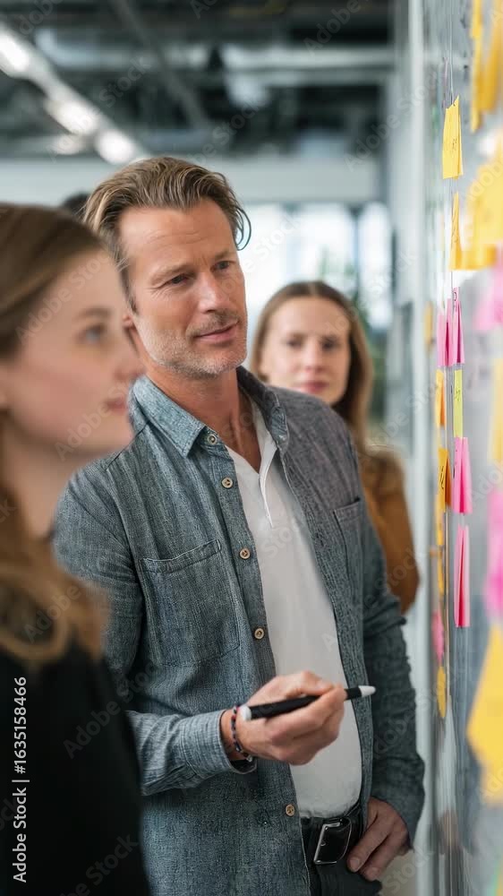 Poster in a bright hightech office a product manager guides a daily scrum meeting updating user stories and