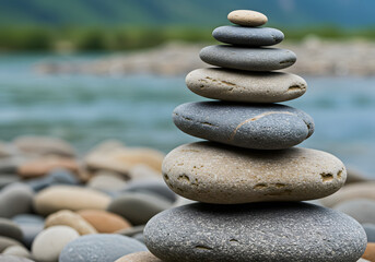 A carefully balanced stack of smooth stones, symbolizing peace and harmony, near a river.