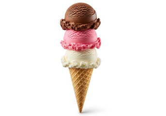 Photo of three scoops of ice cream in a waffle cone, chocolate, strawberry, and vanilla flavors, isolated on white background