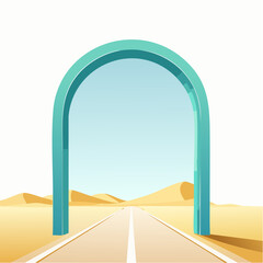 A surreal gateway arch opening to a desert road, symbolizing a journey, new beginning, or future opportunity.