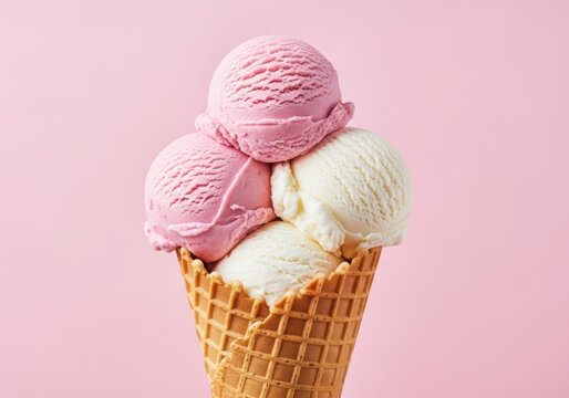 Photo of three scoops of strawberry and vanilla ice cream in a waffle cone against a pink background, a delightful frozen dessert