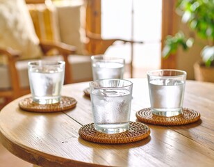 햇살 가득한 거실 테이블 위의 시원한 얼음물 네 잔