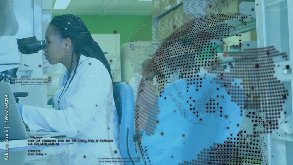 Poster female researcher sliding slide under microscope and typing notes while data overlay scrolling code