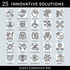 Fototapeta premium Innovative Solutions icon set collection in outline style. an icon pack contain biometrics, human, computer, interaction, virtual reality, genetic, dna test, renewable energy, augmented reality