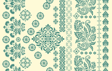 floral pattern vintage ethnic modern embroidery texture boho design vector illustration hand drawn pink flower motif branches leaves wallpaper seamless background border.