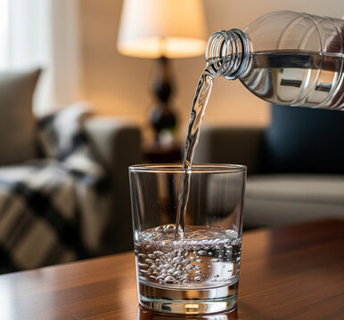 Refreshing water being poured into a glass in a cozy indoor setting with warm lighting