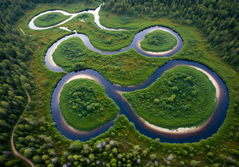 Aerial view of a meandering river forming oxbow lakes amidst a dense forest.