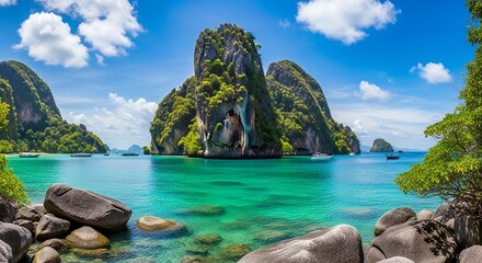 Obraz premium Tropical Island Getaway Turquoise Waters, Dramatic Cliffs Luxurious Boats