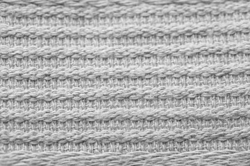 Texture of knitted woolen fabric as background, closeup