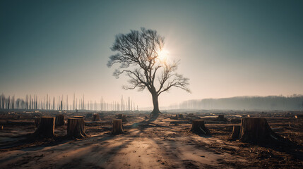 Dramatic beam of light highlighting last surviving tree after deforestation