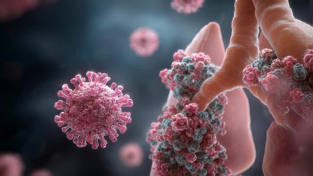Animated representation of coronavirus spike proteins interacting with lung epithelial ACE2 receptors in bronchial tissue.