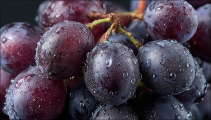 Close-up of a bunch of dark purple grapes covered in water droplets