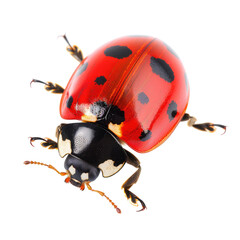 Close-up of a ladybug, vibrant red shell with black spots, detailed legs and antennae