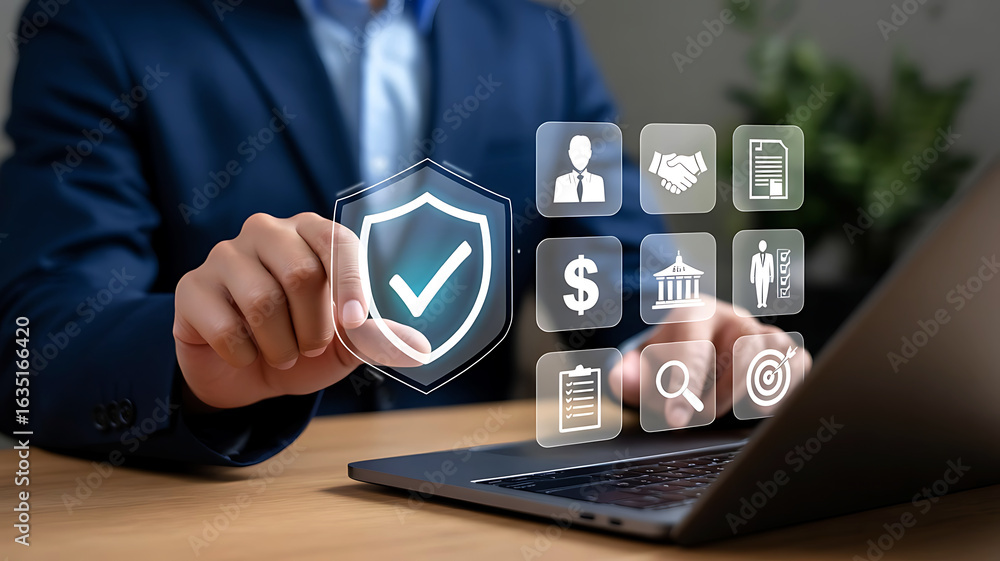 Poster businessman touching a digital shield with a checkmark surrounded by icons representing various serv