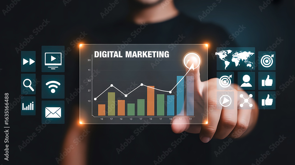Poster man s finger touching digital marketing interface with growth chart and global icons on dark backgro