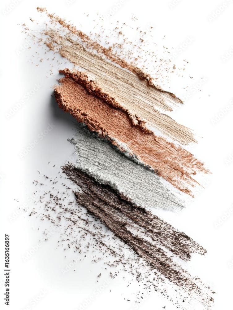 Poster soft eyeshadow and eyeliner strokes create an artistic display on textured paper, with a blank area 