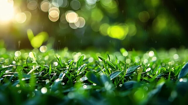Close-up of dewy grass blades glistening in sunlight, with blurred greenery in the background