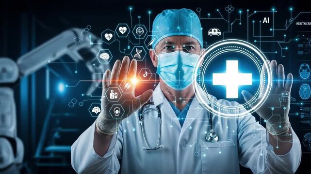 Doctor in surgical attire manipulates a holographic display with plus sign Modern technology meets healthcare Futuristic medicine promises breakthroughs and patient care advancements