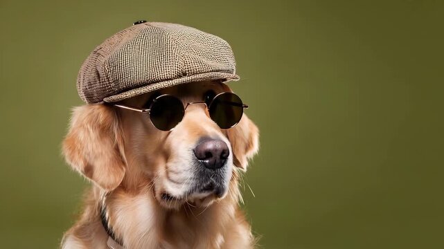 Golden Retriever Dog with Flat Cap and Sunglasses Posing on Green Background Compilation