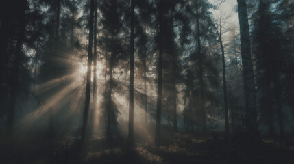 Fototapeta premium Mysterious forest with dramatic sunlight and fog