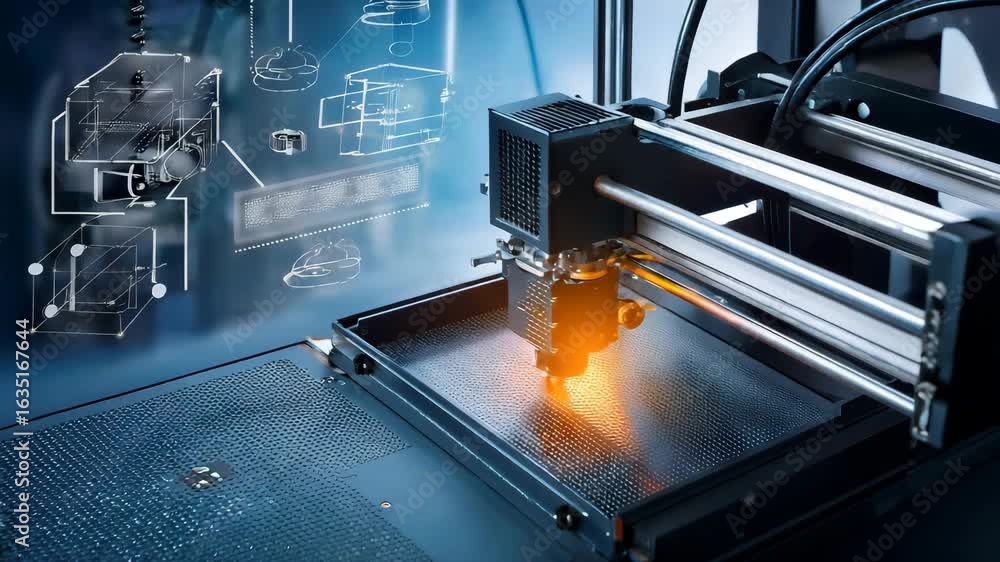 Poster high-tech 3d printing machine in operation creates complex object and design process