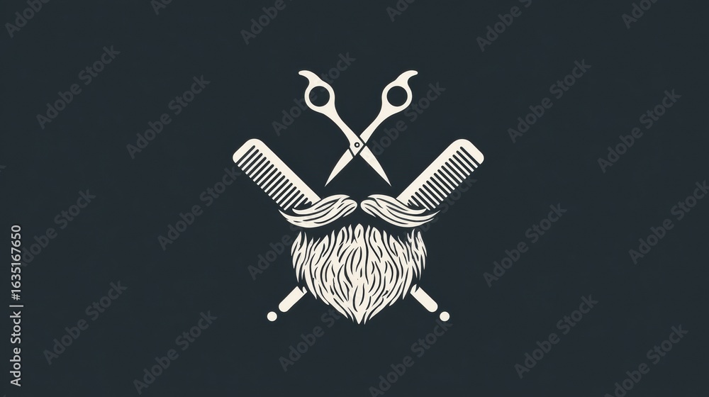 Poster stylized beard emblem featuring crossed scissors and comb on a dark flat background representing bar