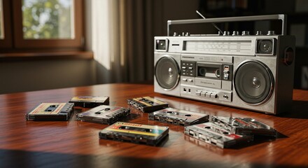 Retro Boombox and Cassette Tapes on Wooden Table: A Nostalgic Still Life Image of 80s and 90s Music Technology, Perfect for Retro Design, Vintage Music Projects, and Nostalgia-themed Content. High-...