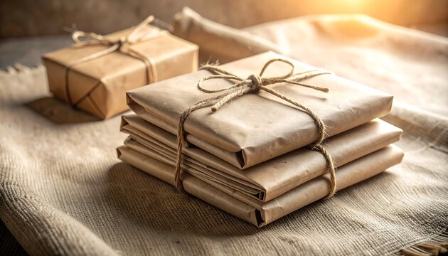 Wrapped Packages with Twine on Rustic Fabric
