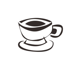 A stylized black and white illustration of a coffee cup with a saucer, depicted in simple lines.