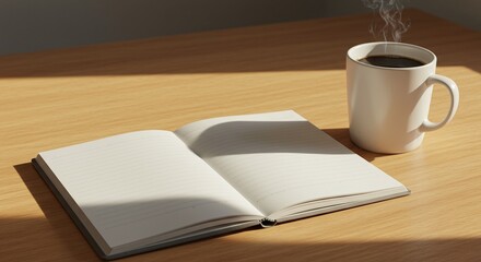 Fototapeta premium A mindful morning ritual with a steaming mug of black coffee and an empty notebook on a sunlit wooden desk, a peaceful concept for study.