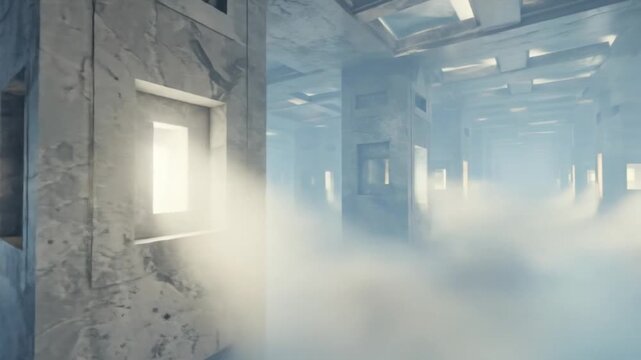 Ethereal marble corridor with glowing windows and misty atmosphere creating a surreal environment