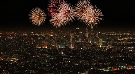 Fototapeta premium Spectacular Fireworks Display Over a City Skyline Vibrant Explosions Illuminating the Night Sky, Celebrating Festive Occasions and Special Events. 